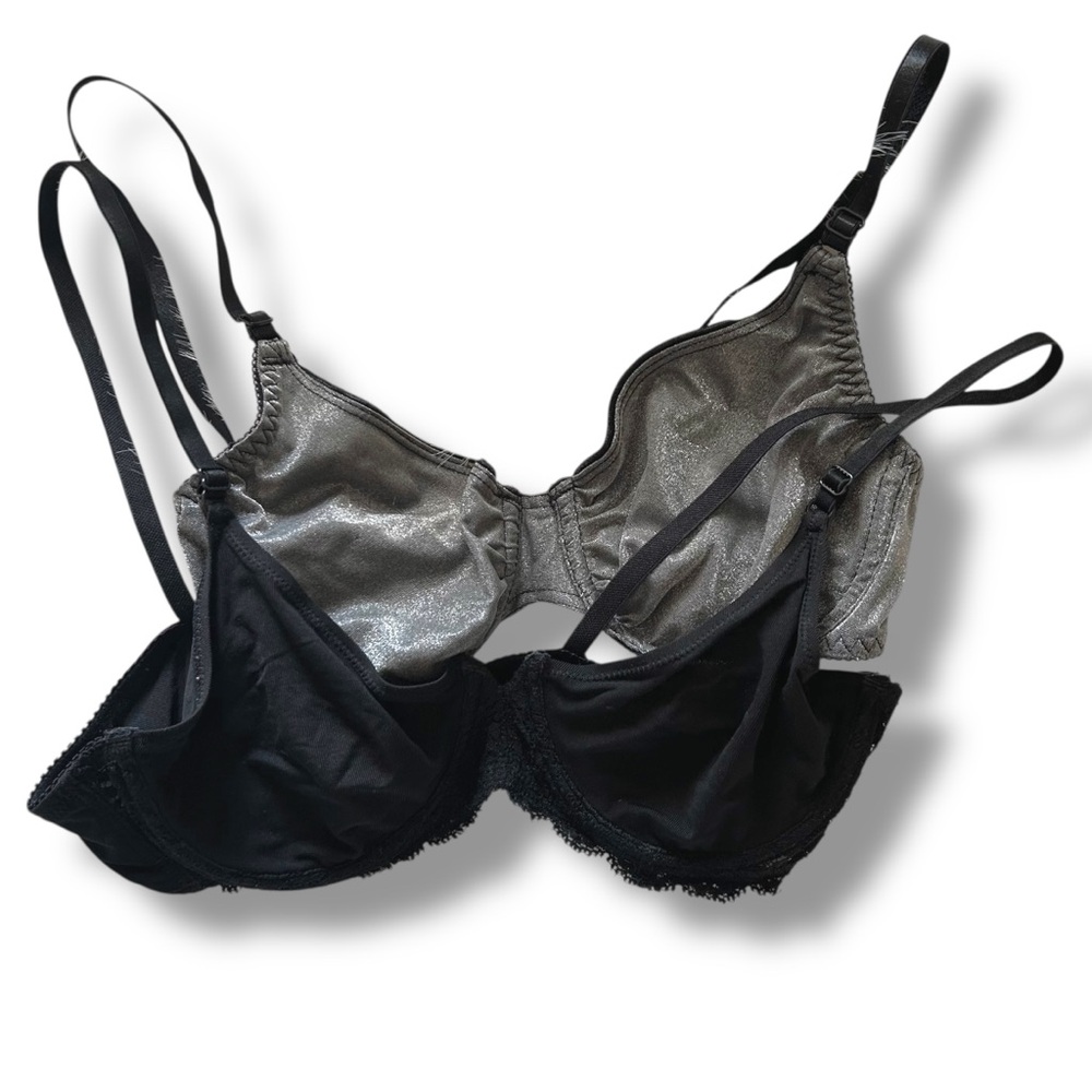 (2) Vintage 90s Black Lace & Silver Shine Bra Bundle Minimalist Underwire 34-36B